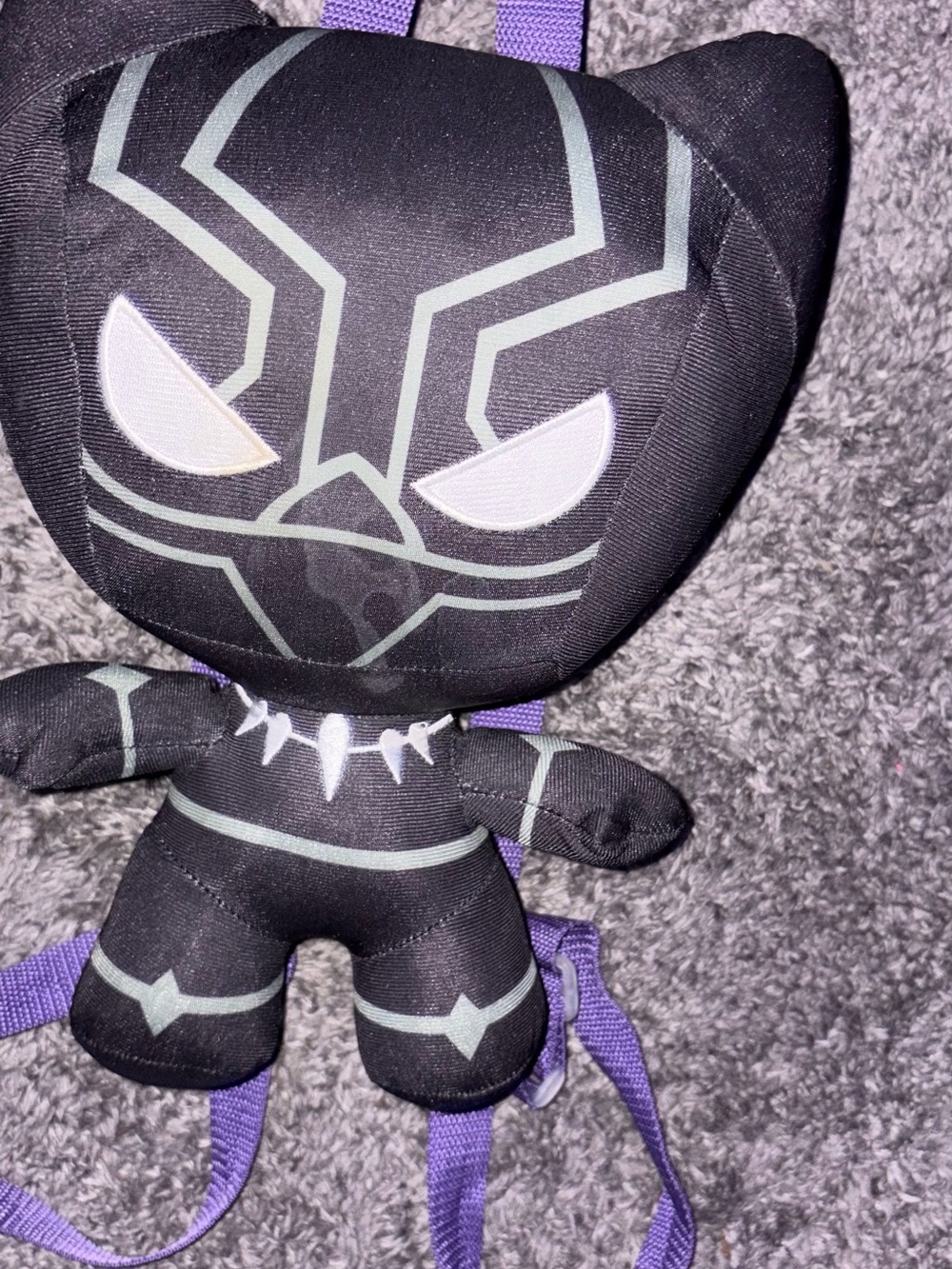 Black Plush Character Mini Backpack with Purple Straps